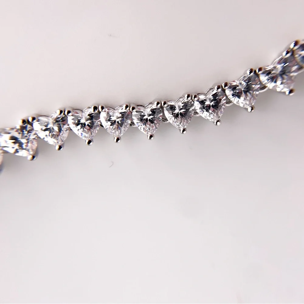 Silver Toned Heart Shaped Cubic Zirconia Tennis Necklace. 22 Inches. - Picture 12 of 13